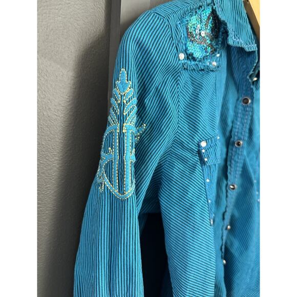 Roar Women’s Western Blue Shirt - Sequined And Pearl Snaps, See Notes - Picture 6 of 14